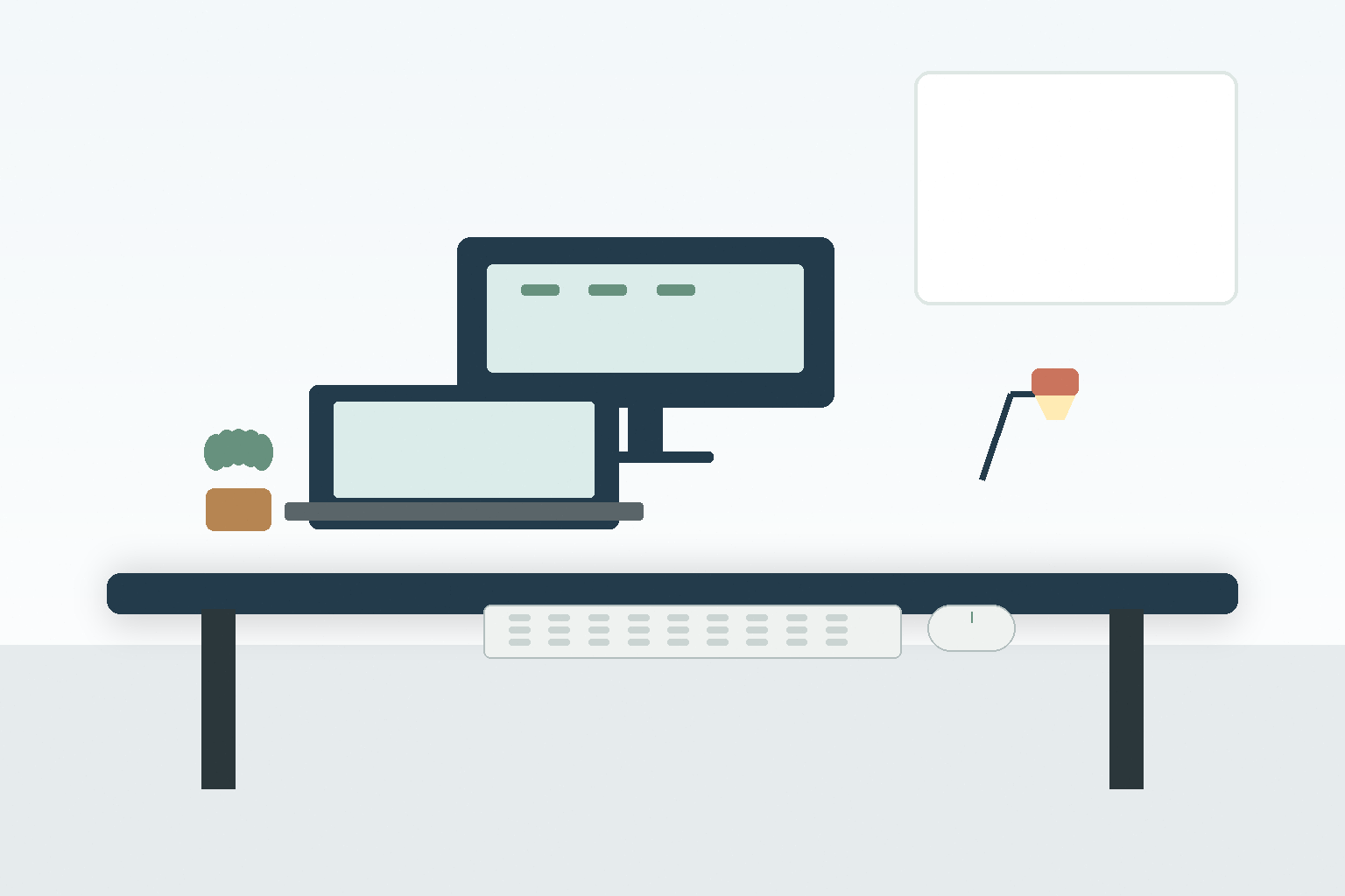A clean home office desk with monitor, laptop, lamp, and organized accessories