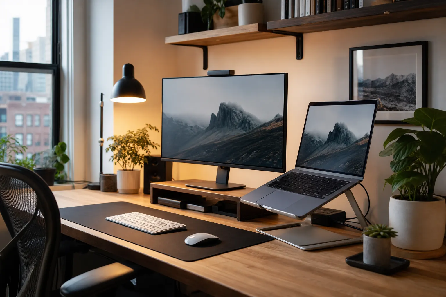 A clean home office desk with monitor, laptop, lamp, and organized accessories